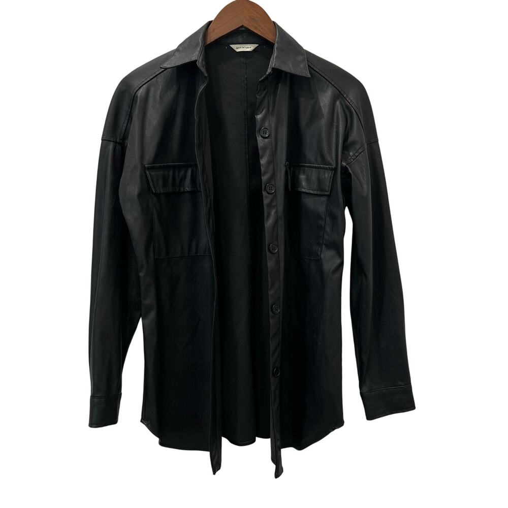 Max Studio Faux Leather Button Down Shirt Black Edgy Streetwear Women’s Medium - Picture 2 of 15